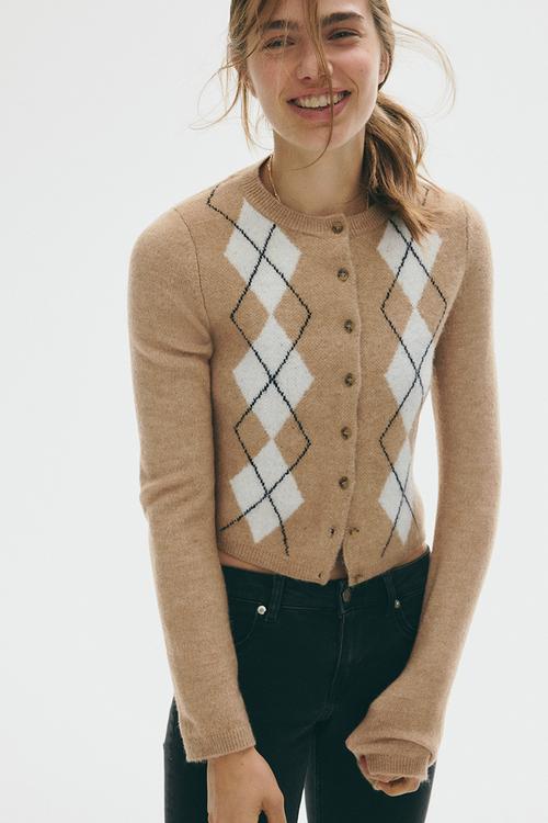 Jacquard-knit cardigan - dark beige argyle pattern