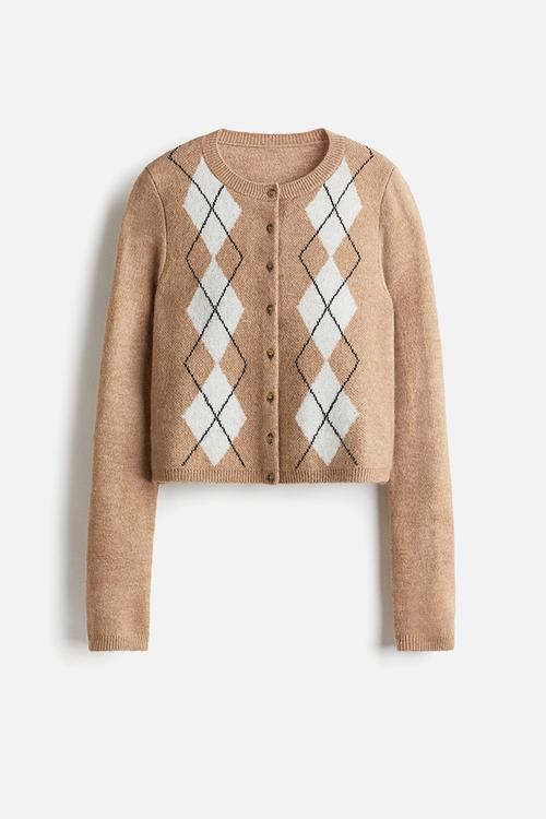 Jacquard-knit cardigan - dark beige argyle pattern