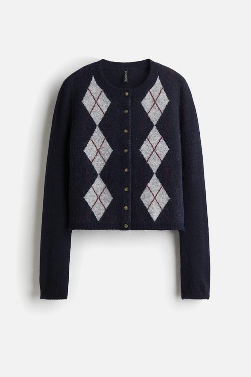Jacquard-knit cardigan - navy blue/argyle pattern