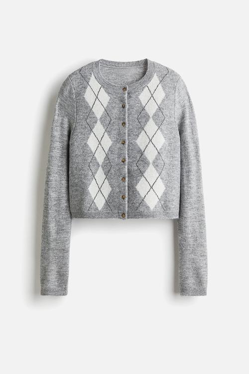 Jacquard-knit cardigan - grey marl argyle pattern