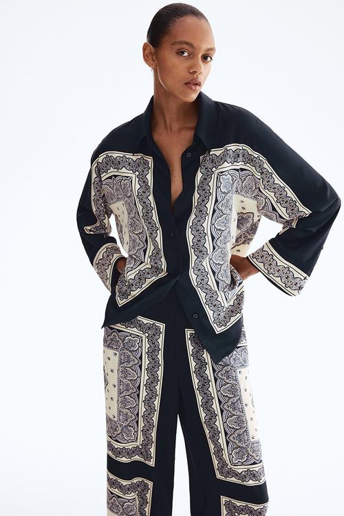 Oversized twill shirt - navy blue patterned