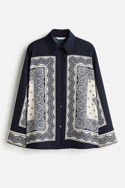 Oversized twill shirt - navy blue patterned