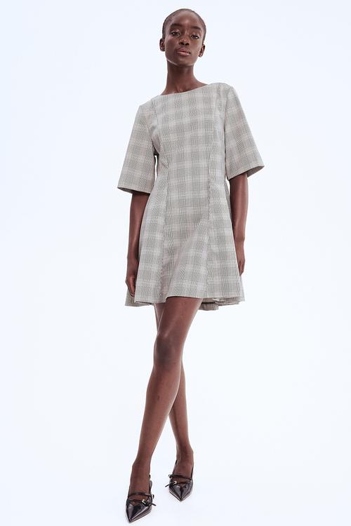 Waisted twill dress - black checked