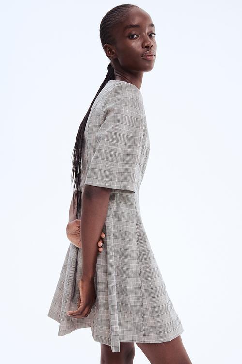 Waisted twill dress - black checked