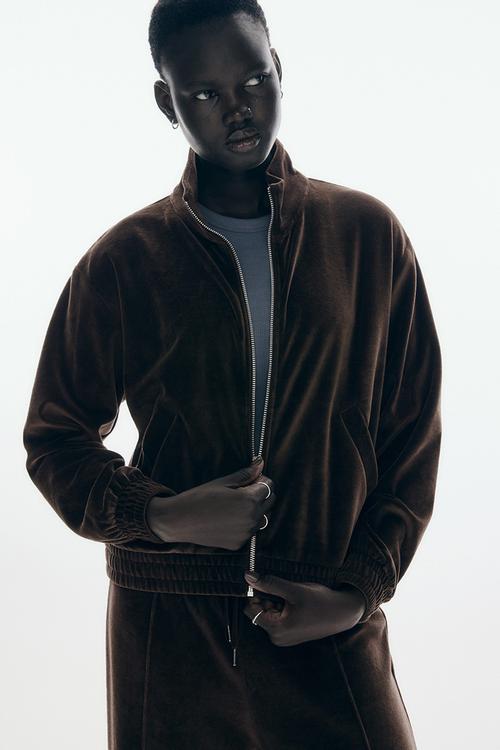 Velour zip-through jacket - dark brown