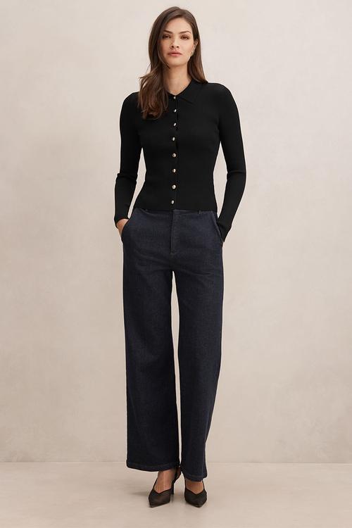 Selina ribbed knit polo top in black