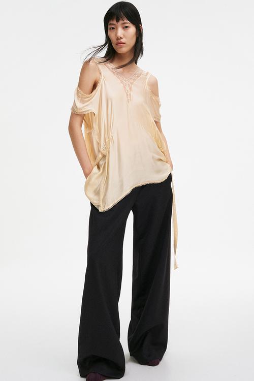 Lace-trimmed satin top - light beige