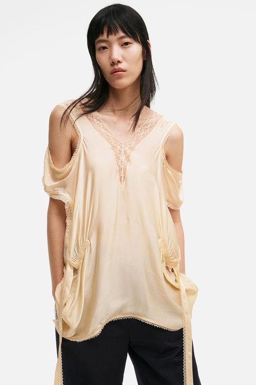Lace-trimmed satin top - light beige