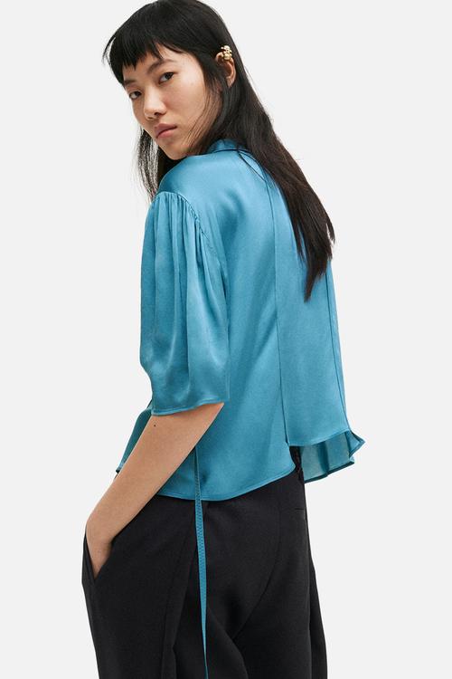 Puff-sleeved satin blouse - turquoise