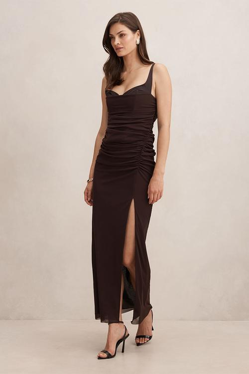 Evie ruched mesh bodycon dress in dark chocolate