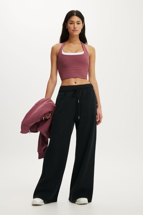 Plush Tie Waist Wide Leg Sweatpant - Black