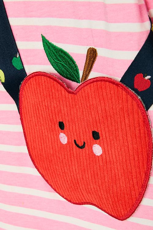 Tshirt dress with embroidered strap apple pocket - pink stripe