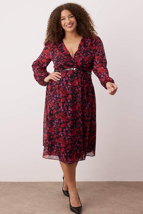 New Year Floral Belted A-Line Midi Double-Breasted Neck Patterned Chiffon Woven Dress - Burgundy