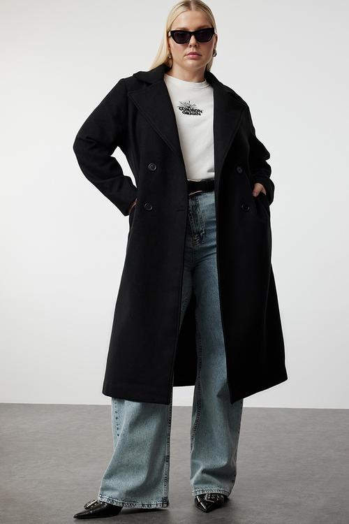 Oversize Wool Blended Stamp Coat Double Breasted Coverage - Black