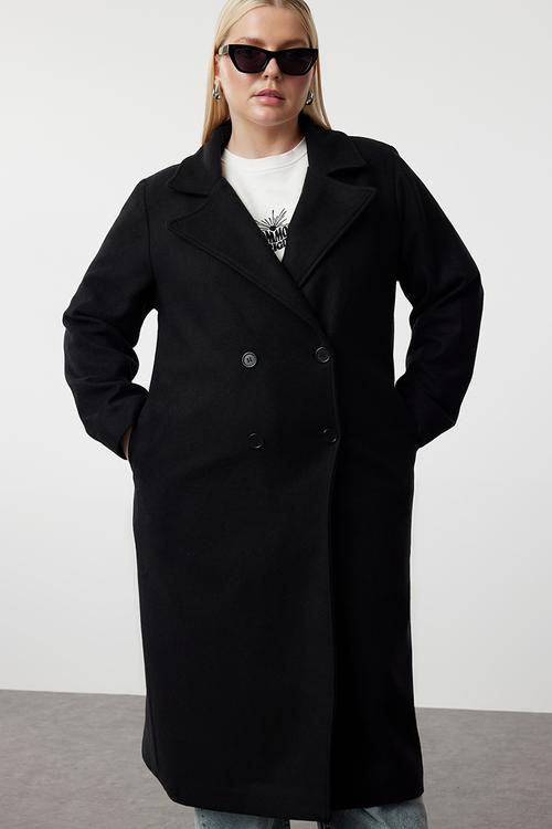 Oversize Wool Blended Stamp Coat Double Breasted Coverage - Black