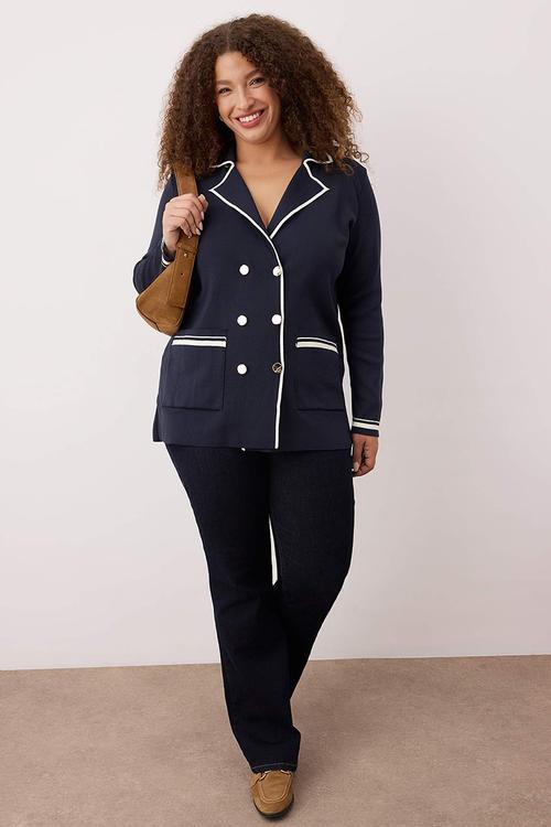 Jacket Collar Line Detailed Knitwear Jacket Look Cardigan - Navy Blue