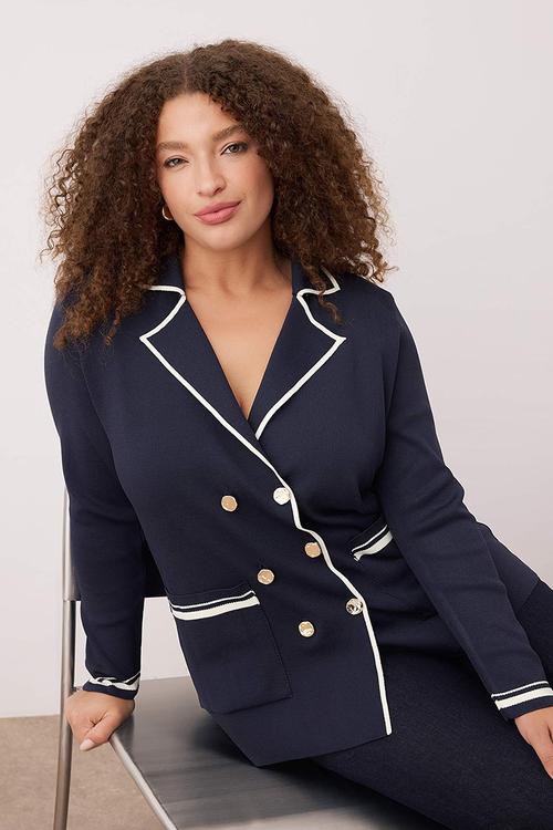 Jacket Collar Line Detailed Knitwear Jacket Look Cardigan - Navy Blue