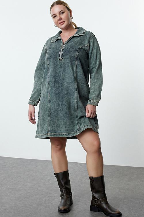 Shirt Collar Cotton Denim Plus Size Dress - Blue