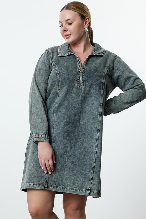 Shirt Collar Cotton Denim Plus Size Dress - Blue