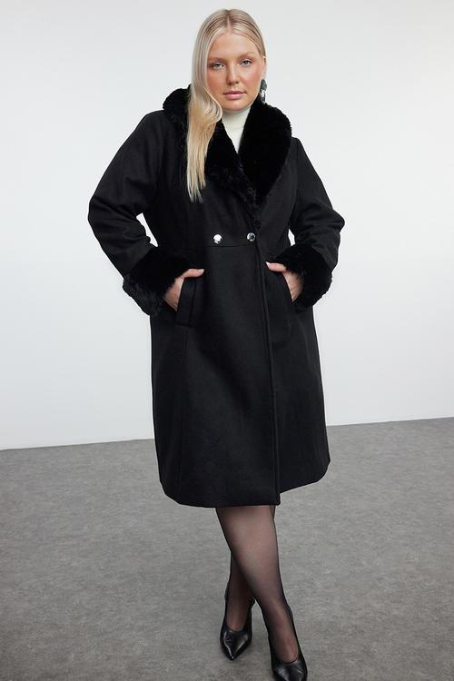 Plus Wool Blend Stamp Coat with Fur Collar and Sleeve Detail - Black