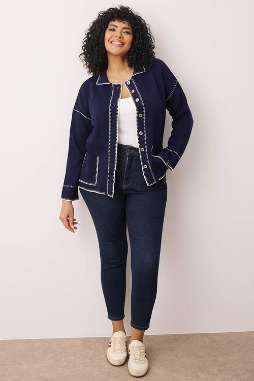 Plus Polo Collar Embroidered Knitwear Cardigan - Navy Blue
