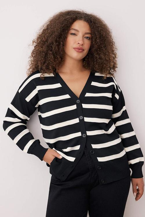Plus Striped V-Neck Knitwear Cardigan - Black & White