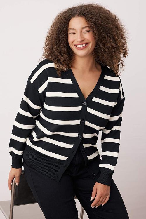 Plus Striped V-Neck Knitwear Cardigan - Black & White