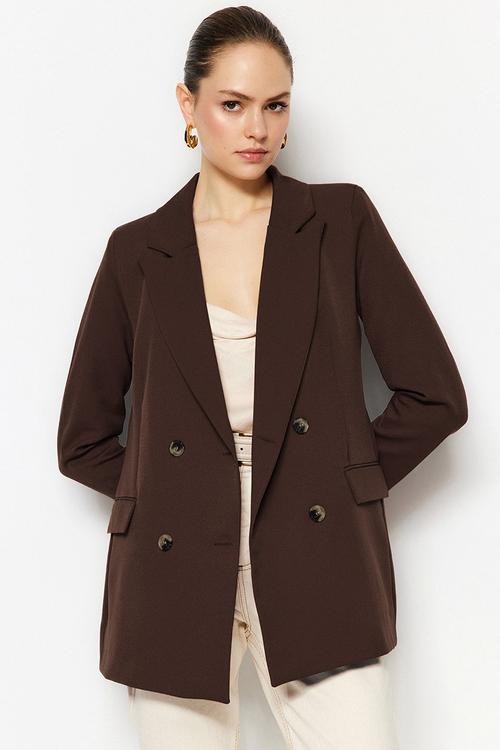 Lined Double Breasted Closure Woven Blazer Jacket - Dark Brown