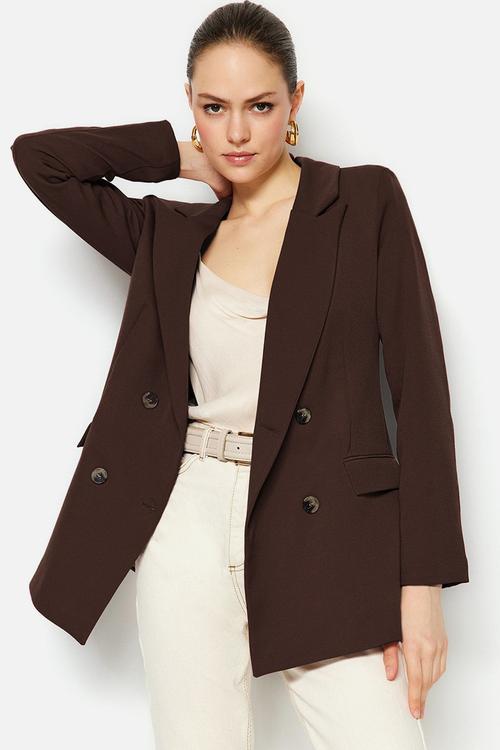 Lined Double Breasted Closure Woven Blazer Jacket - Dark Brown