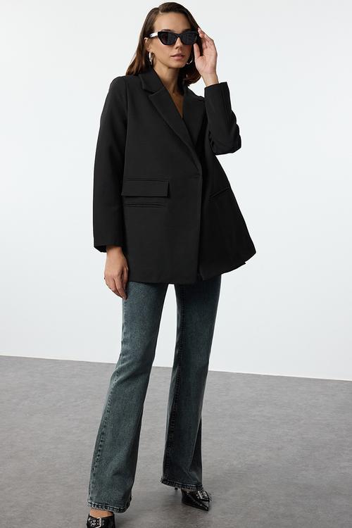 Oversize Pocket Detailed Woven Blazer Jacket - Black
