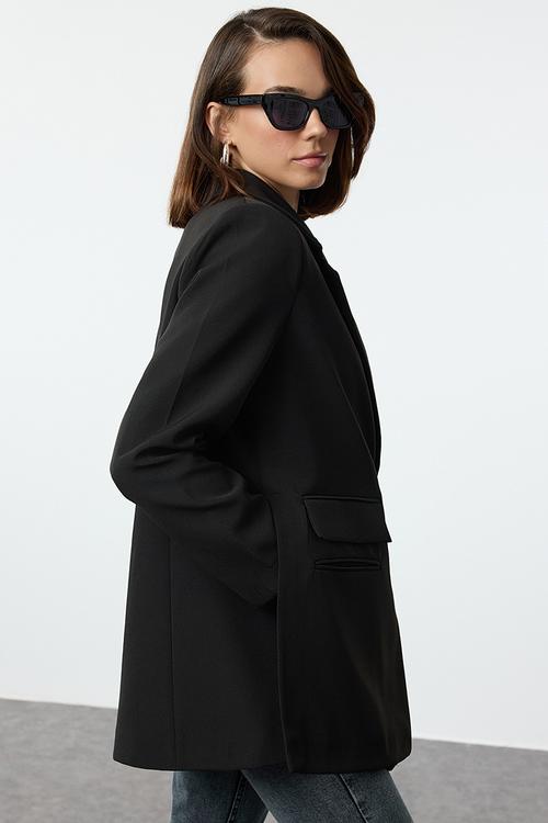 Oversize Pocket Detailed Woven Blazer Jacket - Black