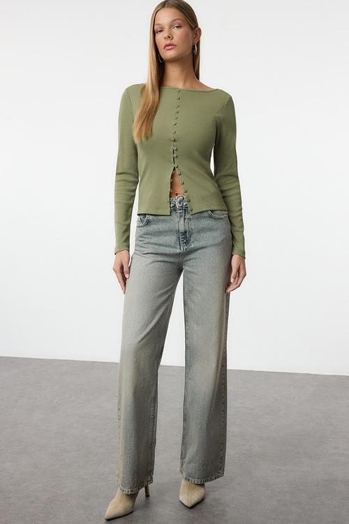 Flexible Corded Knitted Blouse - Khaki