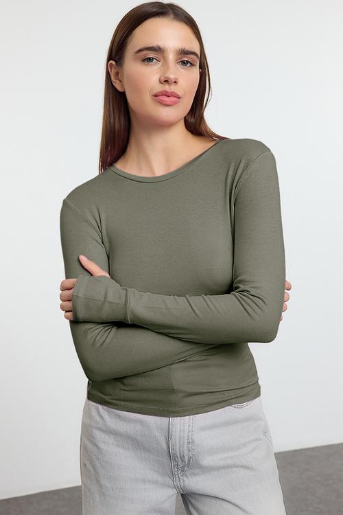 Viscose/Soft Fabric Stretch Knitted Blouse with Finger Insert Detail - Khaki