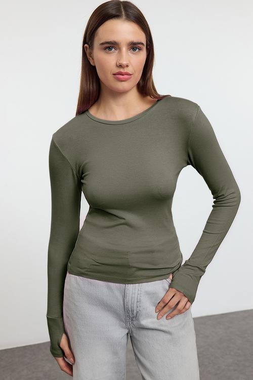 Viscose/Soft Fabric Stretch Knitted Blouse with Finger Insert Detail - Khaki