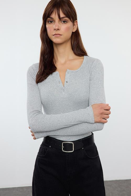 Stretchy Corded Knitted Blouse with Snap Fasteners - Grey Melange