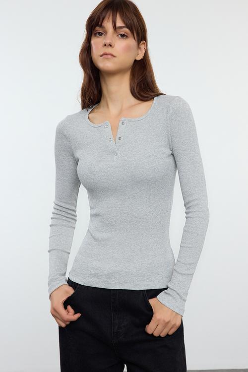 Stretchy Corded Knitted Blouse with Snap Fasteners - Grey Melange