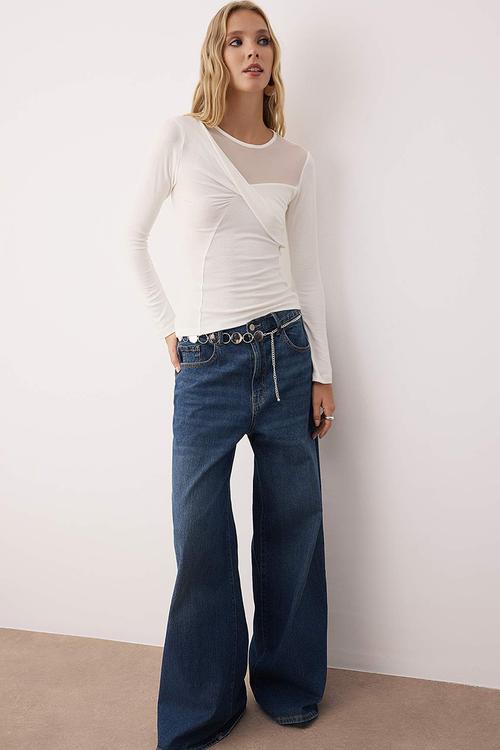 Collar Detailed Fitted/Slim Fit Knitted Blouse - Ecru