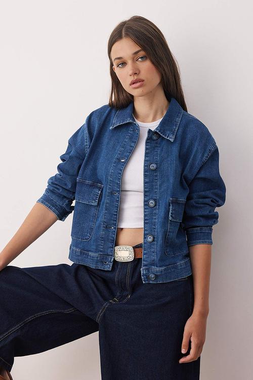 Shirt Collar Pocket Detail Comfort Denim Jacket - Dark Blue