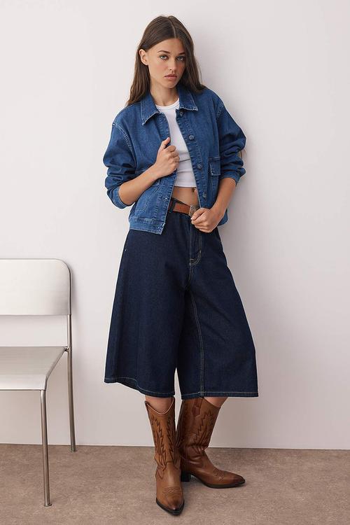 Shirt Collar Pocket Detail Comfort Denim Jacket - Dark Blue