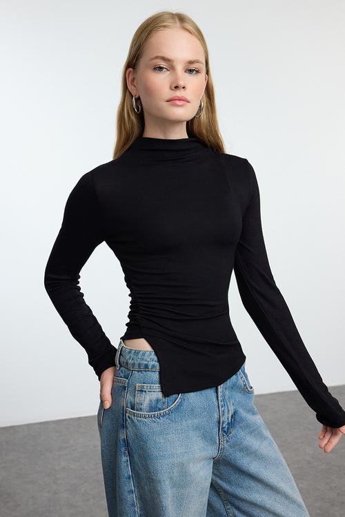 Stand Collar Knitted Blouse Drawstring Detail - Black
