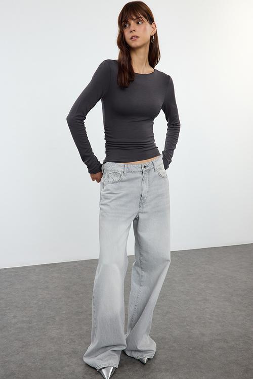 Boat Neck Stretchy Knitted Blouse Drawstring/Drape Detail - Anthracite