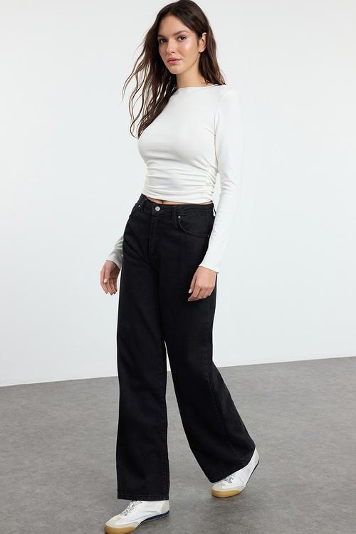 Boat Neck Stretchy Knitted Blouse Draped Detail - Ecru