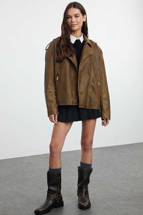 Oversize Mold Wash Effect Faux Leather Biker Slim Jacket Coats - Brown
