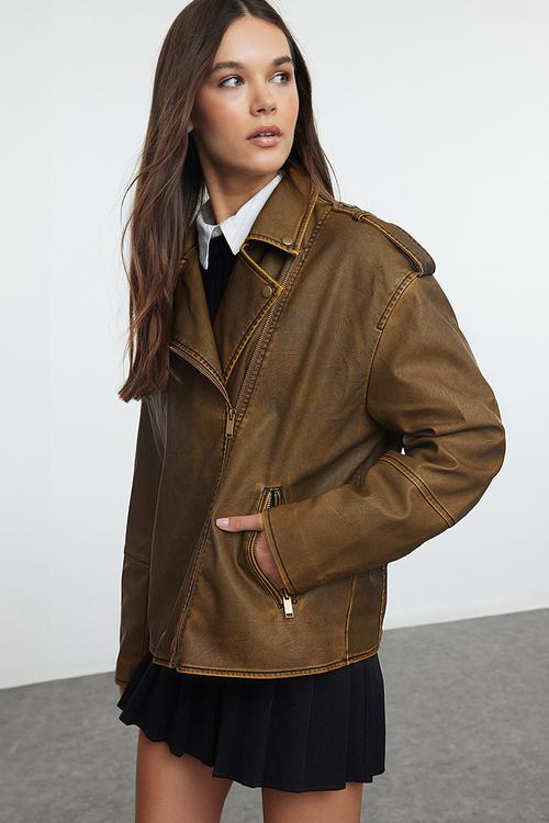 Oversize Mold Wash Effect Faux Leather Biker Slim Jacket Coats - Brown