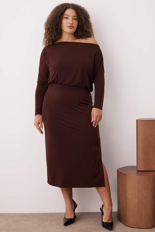 Straight Asymmetric One Sleeve Waist Fitted Stretch Midi Knitted Dress - Brown