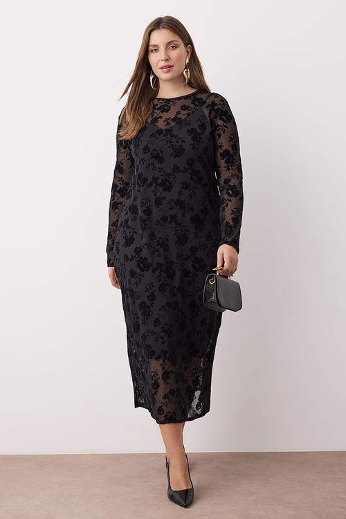 New Year Crew Neck A-Line Floral Pattern Maxi Plus Size Knitted Tulle Dress - Black