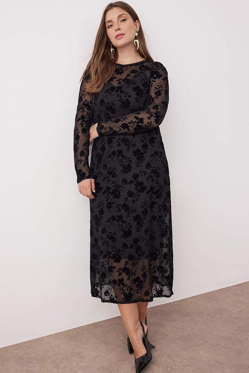 New Year Crew Neck A-Line Floral Pattern Maxi Plus Size Knitted Tulle Dress - Black