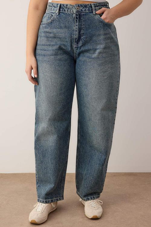 Plus High Waist Barrel Baggy Jeans - Blue
