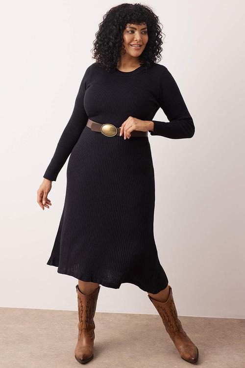 Plus Corded Crew Neck Midi Knitwear Dress - Navy Blue