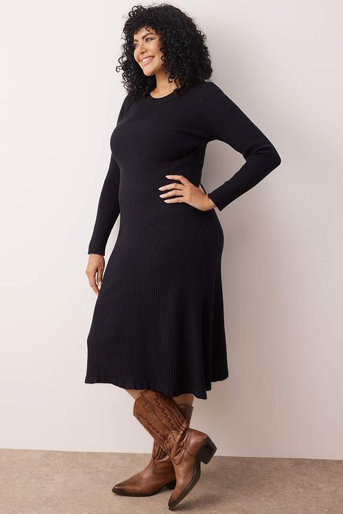 Plus Corded Crew Neck Midi Knitwear Dress - Navy Blue